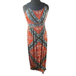 Sandra Darren red blue maxi halter handkerchief floral stretchy medium dress